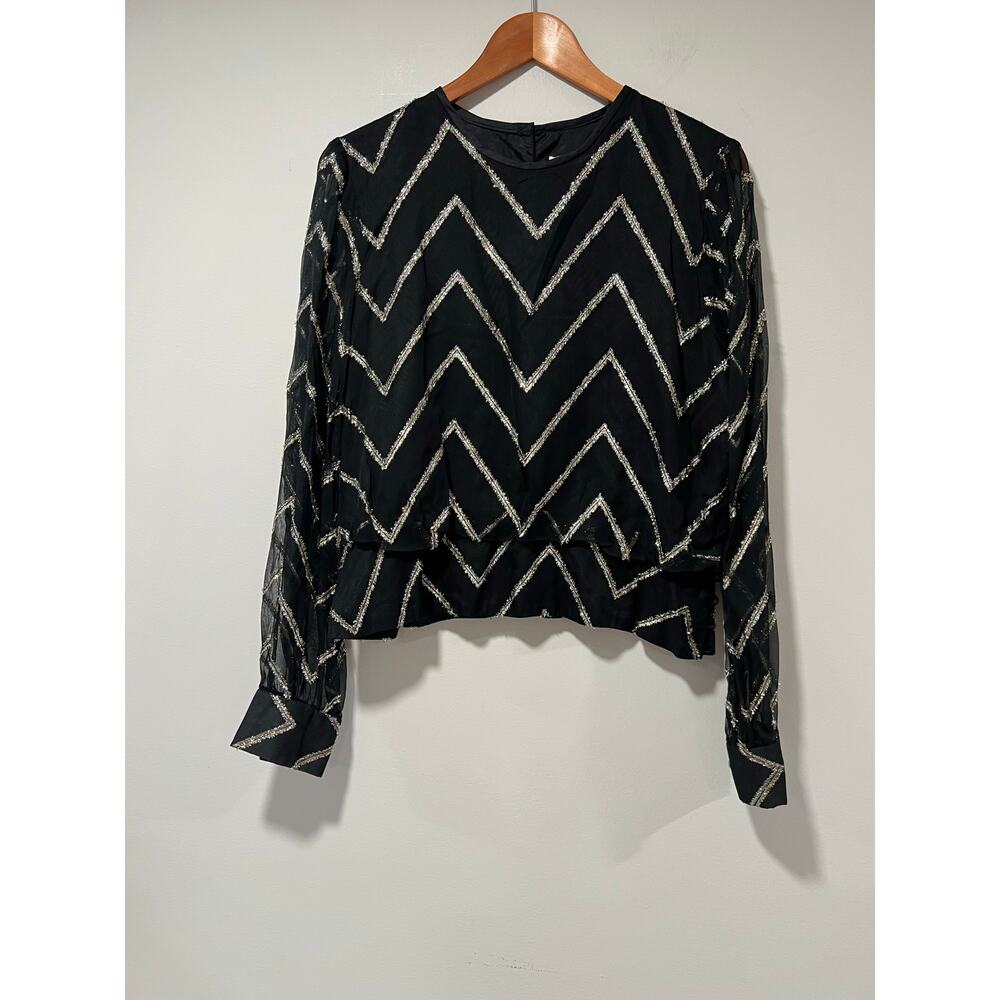 Vintage Hal Ferman Long Sleeve Cocktail Blouse Black Gold Metallic Size 16 JL